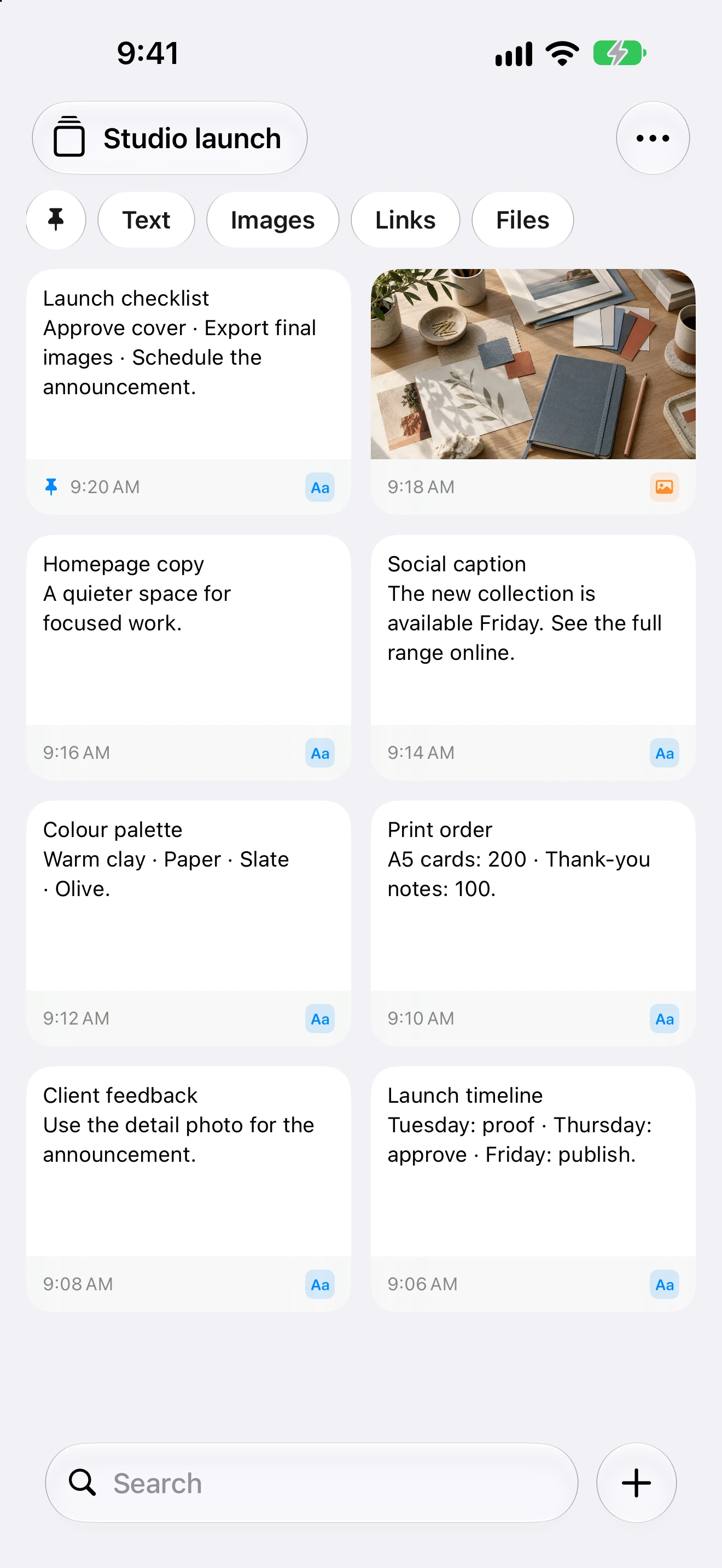 Copia on iPhone showing notes and an image in the Studio launch grid