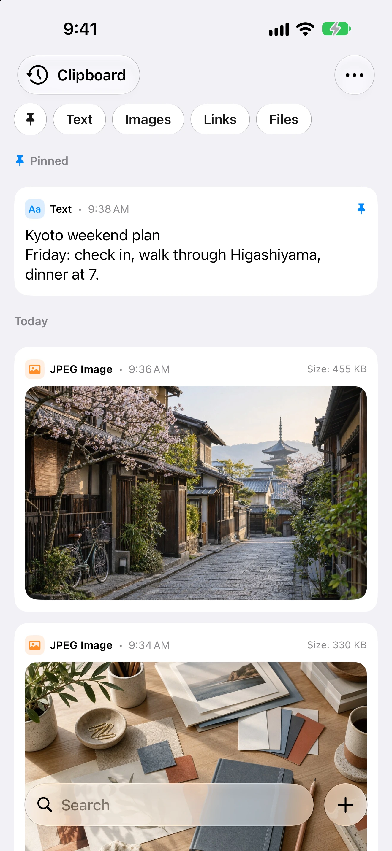 Copia on iPhone showing saved notes and images in the Clipboard board