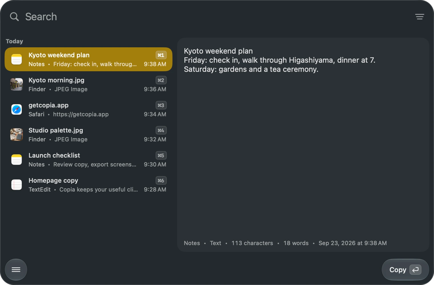 Copia for Mac showing clipboard history with a selected note preview