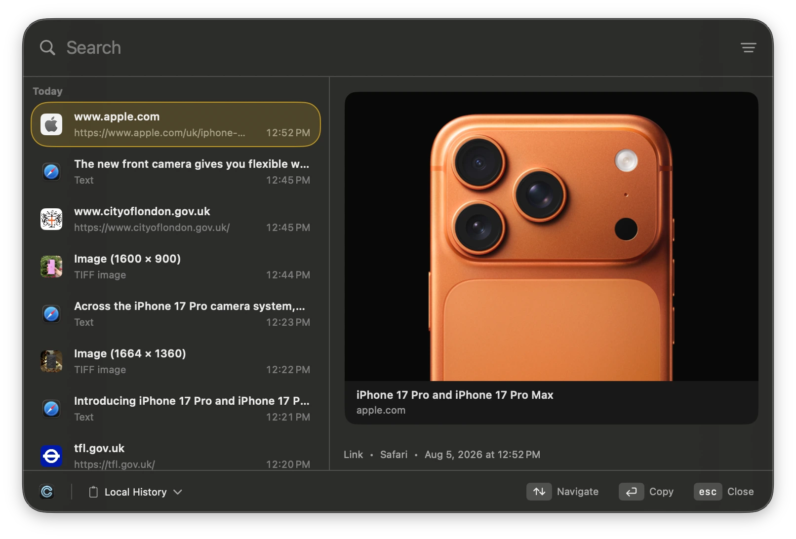 Copia for Mac showing searchable clipboard history with a selected link preview